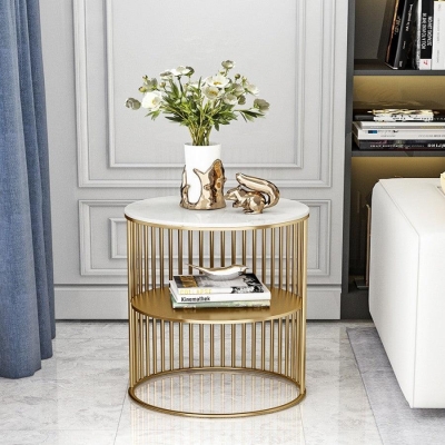 Modern Marble Top Round Coffee Table with Mini Storage Shelf