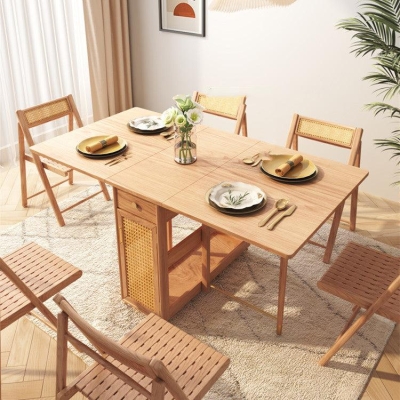 Rattan Foldable Dining Table with Log Design - Multifunctional Wood Table