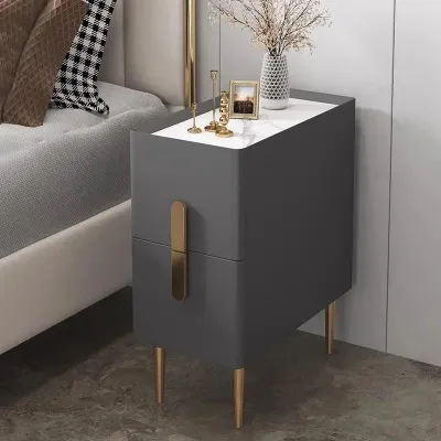 Nordic Style Rock Surface Nightstand with 2 Drawers - Minimalist Bedroom Furniture