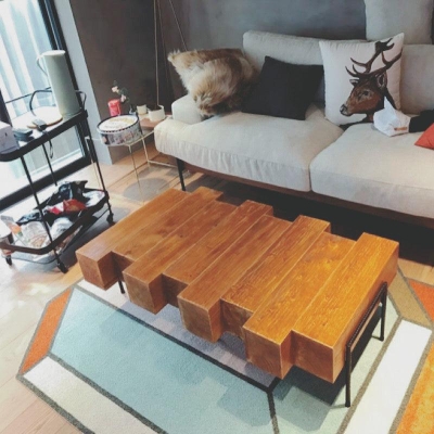 Solid Oak Round Coffee Table with Marble Top - Modern Minimalist Design