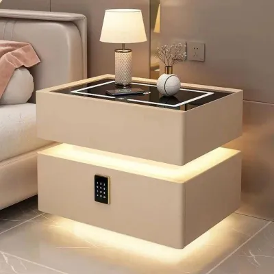 Smart Solid Wood Nightstand with Wireless Charging and Lockable Drawers - 40cm Height