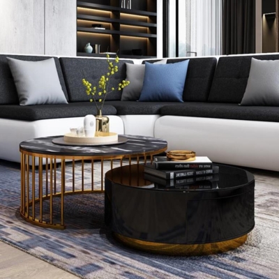 Marble Elegance Round Coffee Table Set - Stainless Steel Frame with Storage