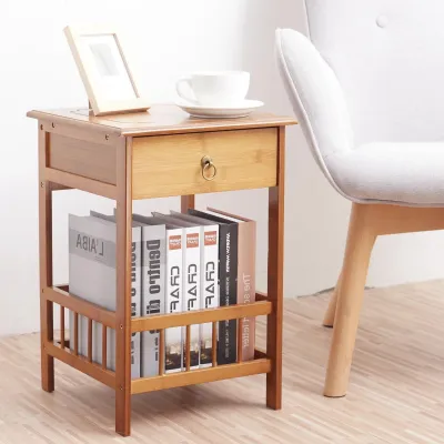 Bamboo Retro Bedside Table with Drawer - Vintage Nightstand Plant Stand Storage Shelf