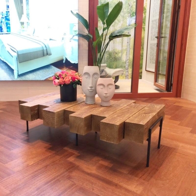 Solid Oak Round Coffee Table with Marble Top - Modern Minimalist Design