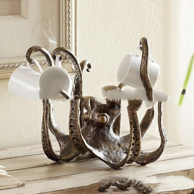Octopus Resin Tea Cup Holder Sculpture - Unique Home and Office Decor Piece