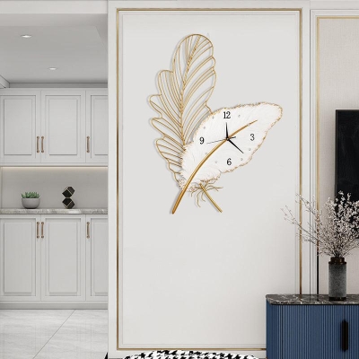 Modern Rustic Wall Clock Set with Feather and Ginkgo Leaf Designs