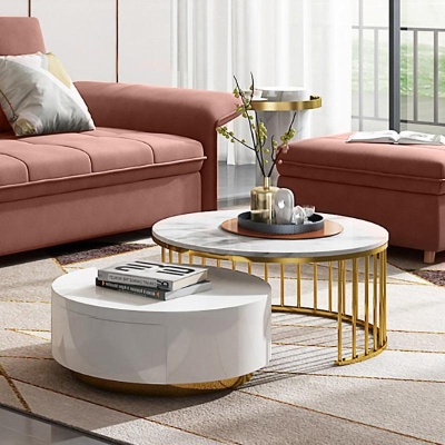 Marble Elegance Round Coffee Table Set - Stainless Steel Frame with Storage