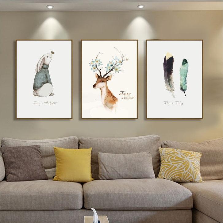 Whimsical Wildlife and Feather Canvas Art - Contemporary Wall Art for Home