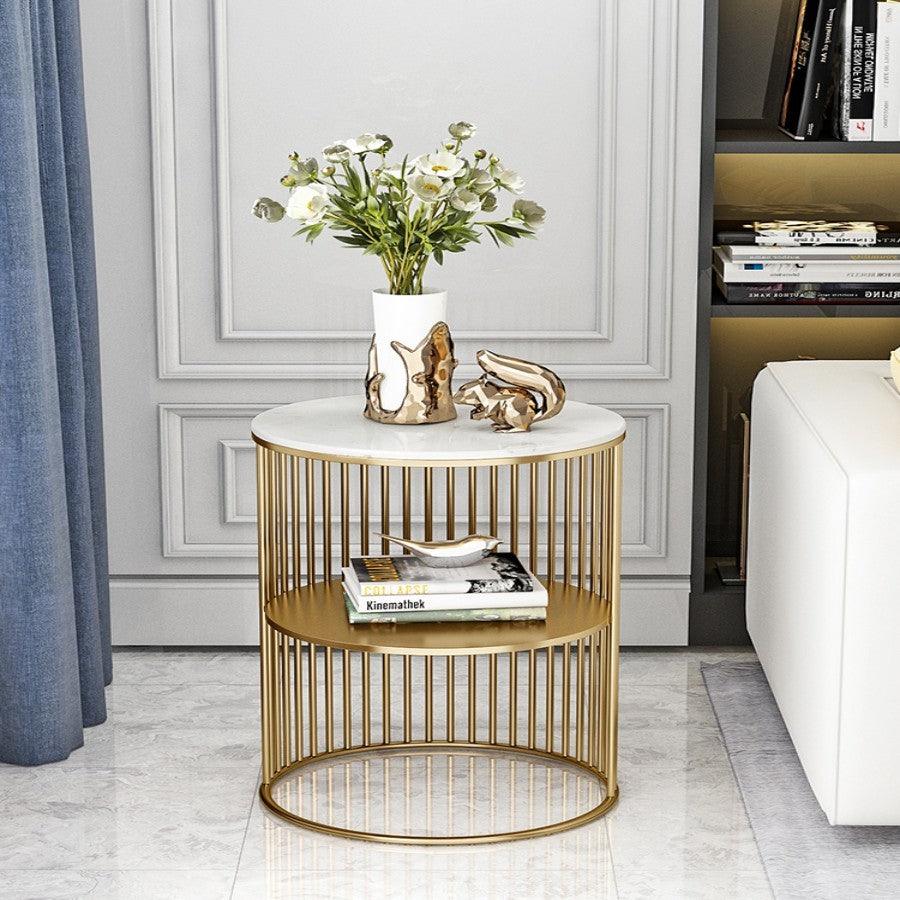 Modern Marble Top Round Coffee Table with Mini Storage Shelf