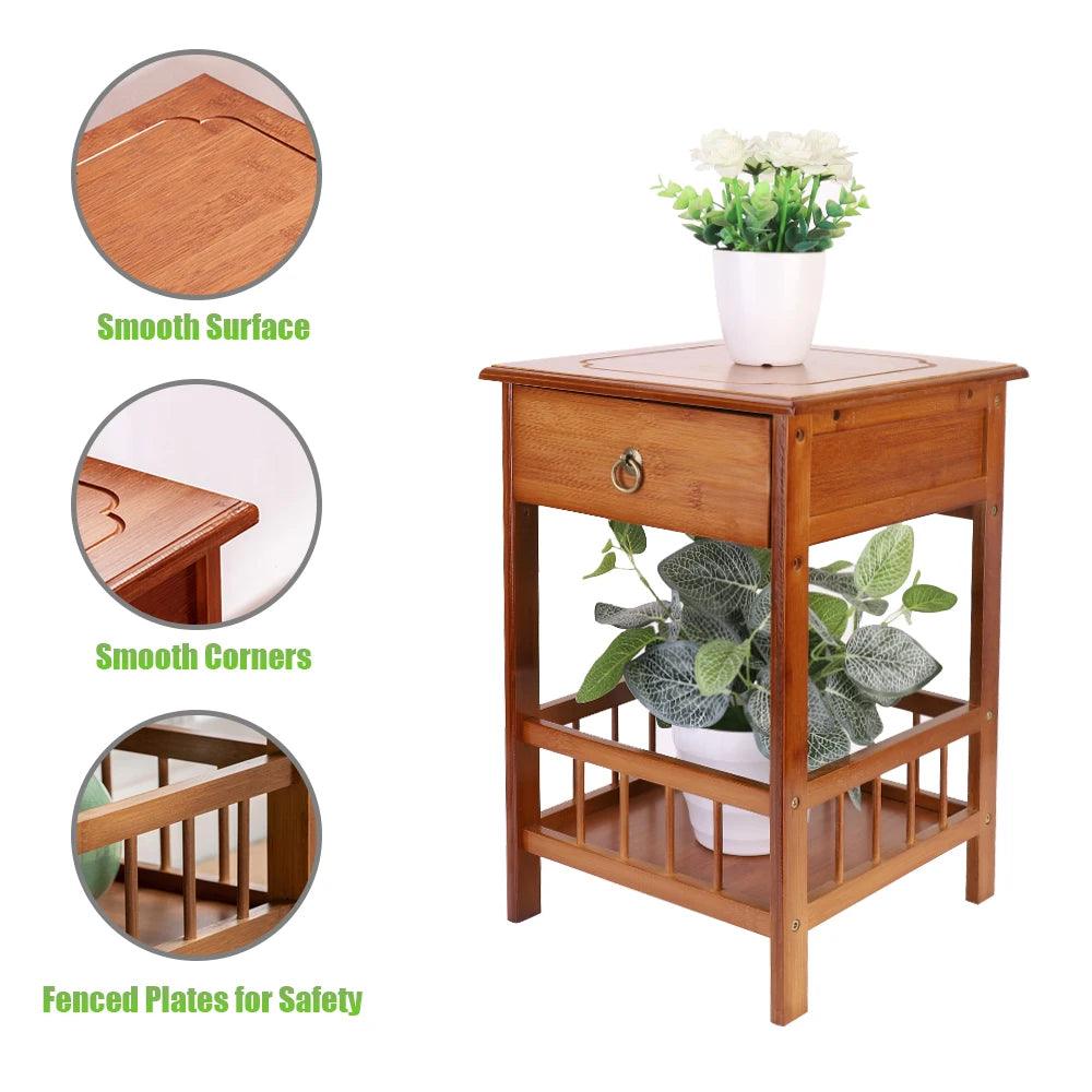 Bamboo Retro Bedside Table with Drawer - Vintage Nightstand Plant Stand Storage Shelf