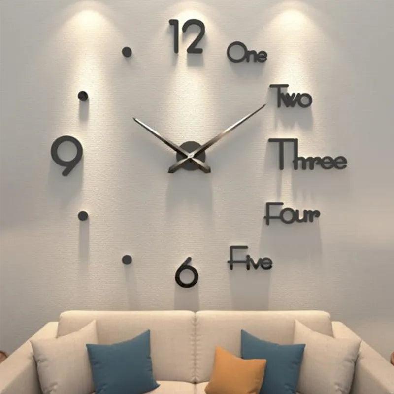 DIY mirror clock numerals arranged above a sofa