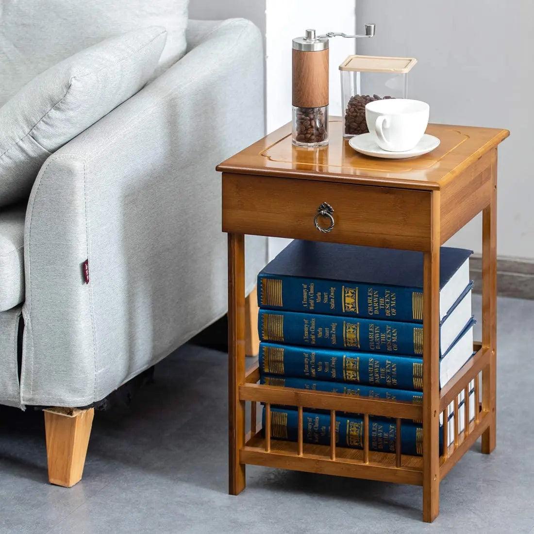 Bamboo Retro Bedside Table with Drawer - Vintage Nightstand Plant Stand Storage Shelf