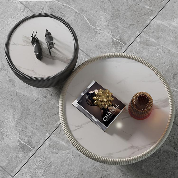 Round Marble Tea Table Set - Elegant Circle Design with Leather Edge