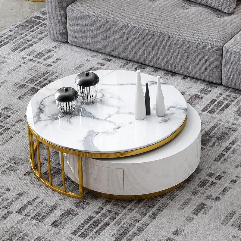 Marble Elegance Round Coffee Table Set - Stainless Steel Frame with Storage
