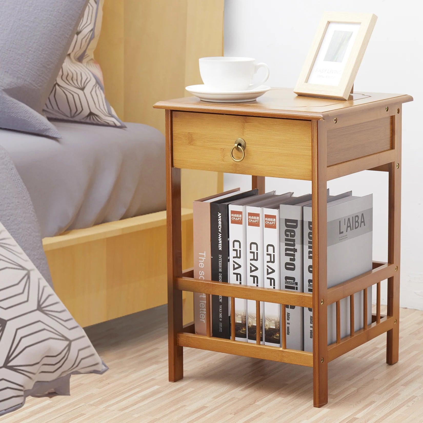 Bamboo Retro Bedside Table with Drawer - Vintage Nightstand Plant Stand Storage Shelf