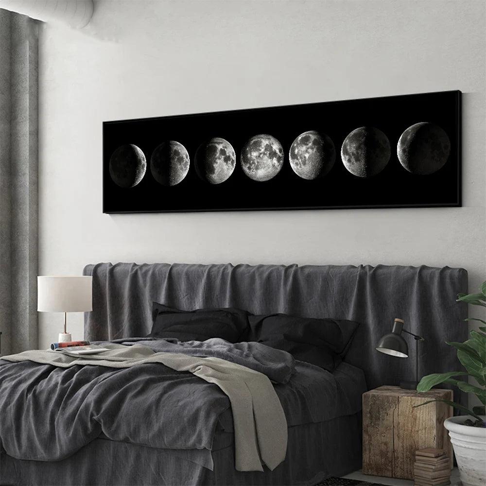 Monochrome moon-phase canvas displayed above a sofa