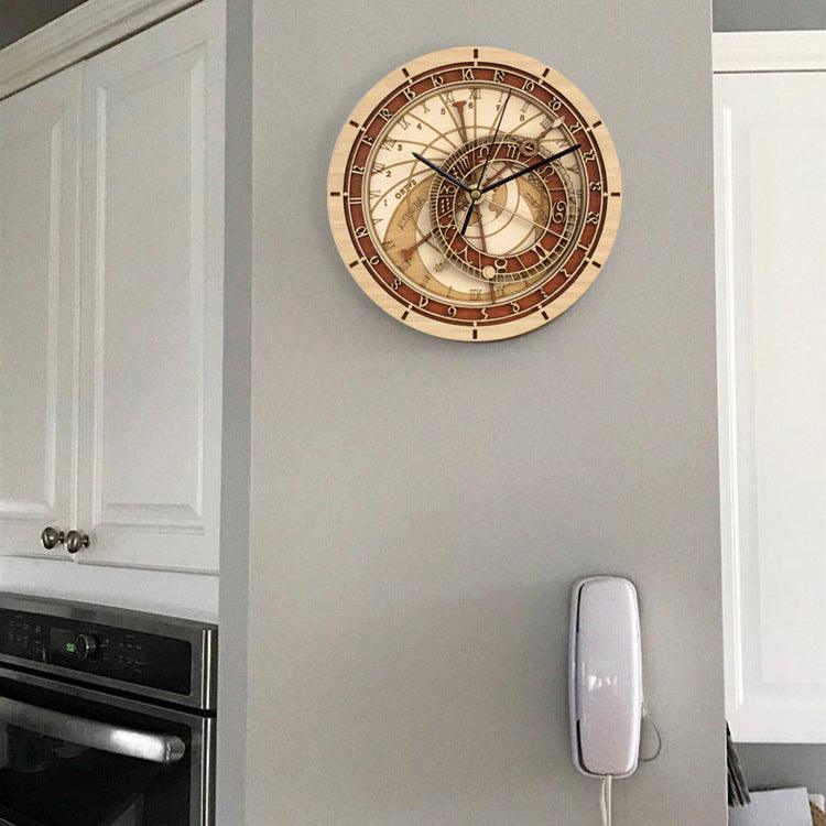 Wooden Prague Astronomical Clock - Fashionable Round Wall Clock for Living Room, Bedroom, and Office