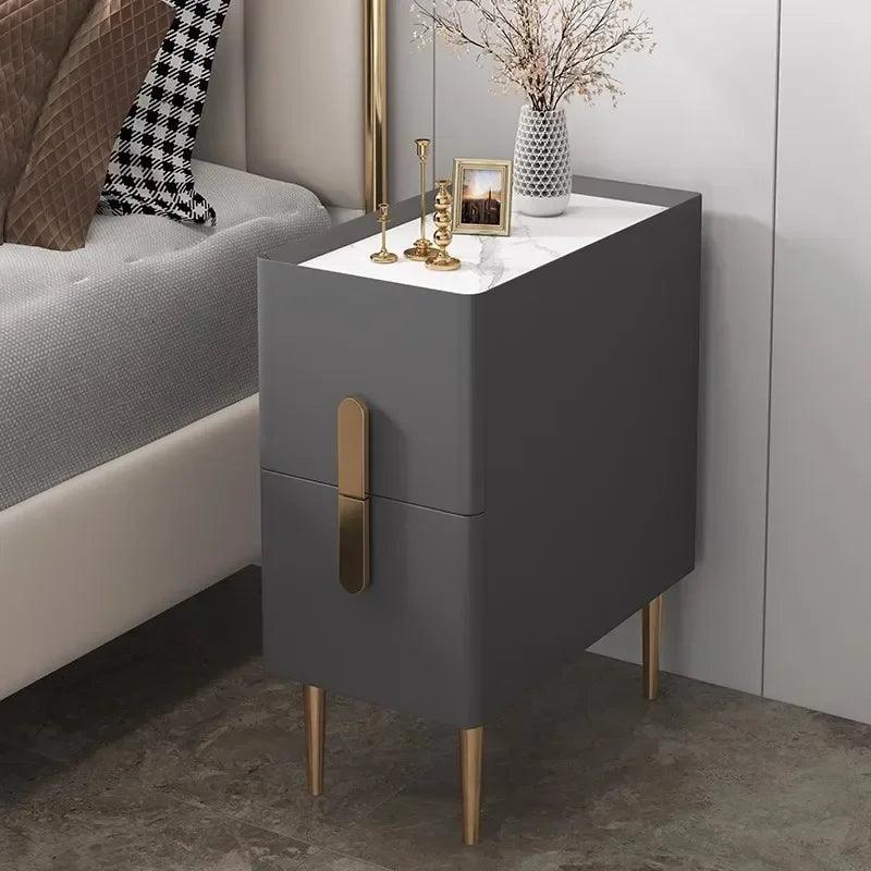 Nordic Style Rock Surface Nightstand with 2 Drawers - Minimalist Bedroom Furniture