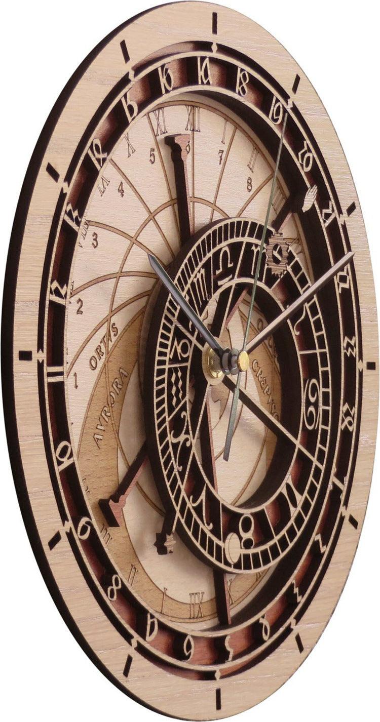 Wooden Prague Astronomical Clock - Fashionable Round Wall Clock for Living Room, Bedroom, and Office
