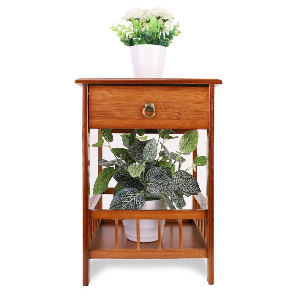 Bamboo Retro Bedside Table with Drawer - Vintage Nightstand Plant Stand Storage Shelf