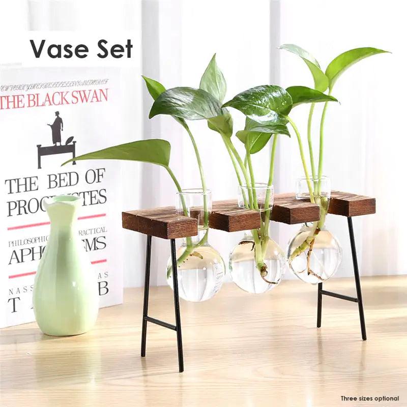 Glass and Wood Vase Planter for Tabletop Decor | Modern Desk Decoration