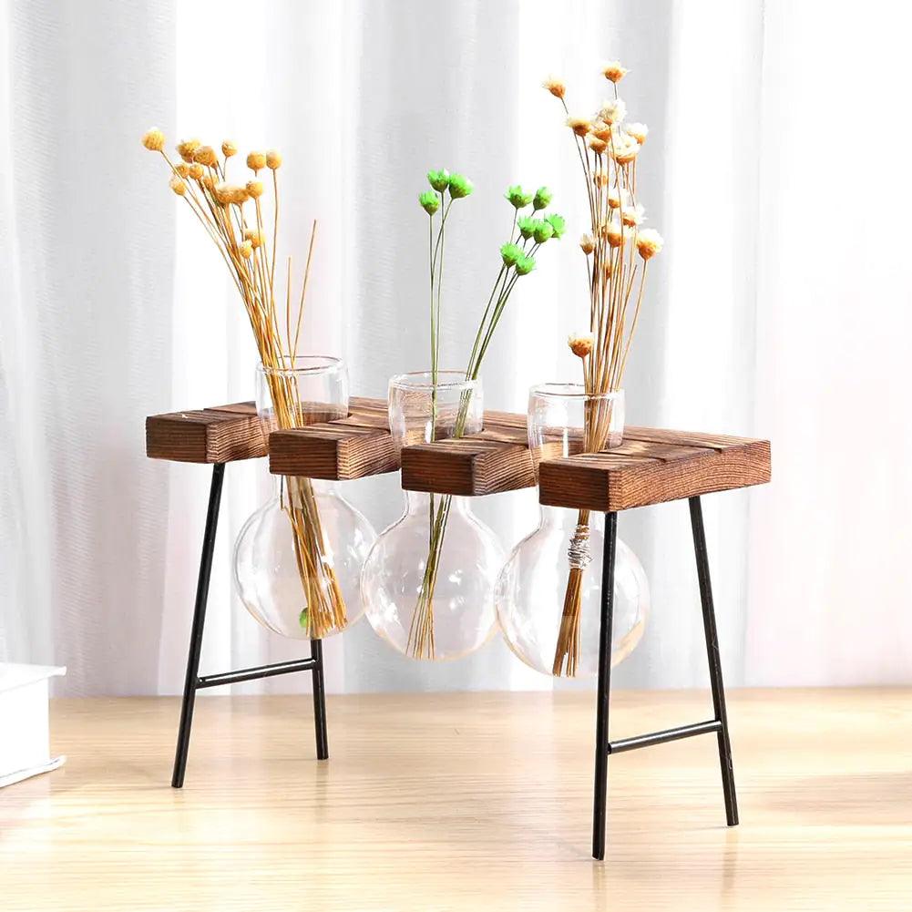 Glass and Wood Vase Planter for Tabletop Decor | Modern Desk Decoration
