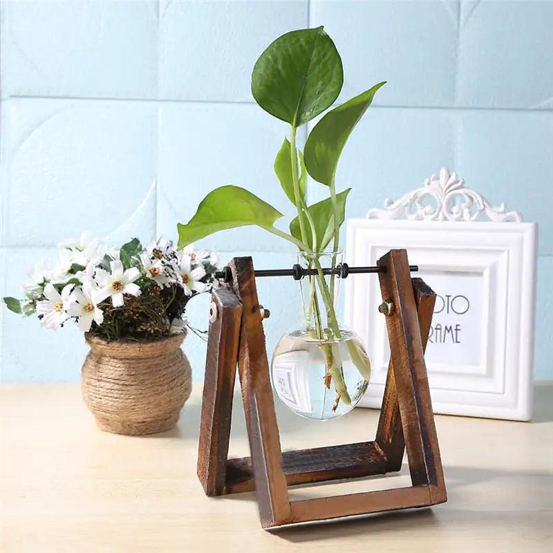 Glass and Wood Vase Planter for Tabletop Decor | Modern Desk Decoration