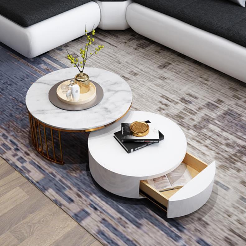 Marble Elegance Round Coffee Table Set - Stainless Steel Frame with Storage