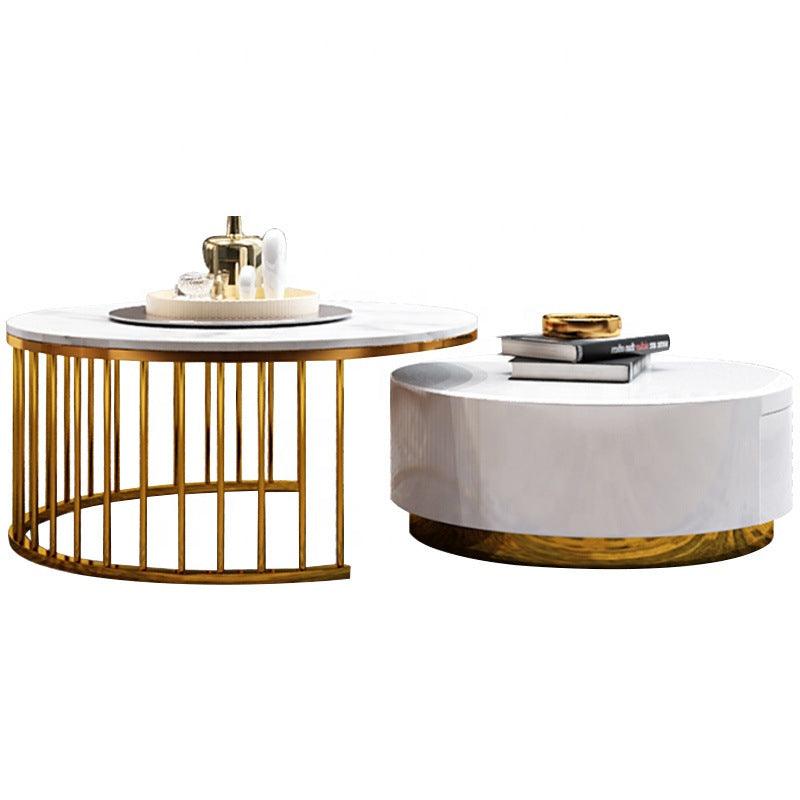 Marble Elegance Round Coffee Table Set - Stainless Steel Frame with Storage