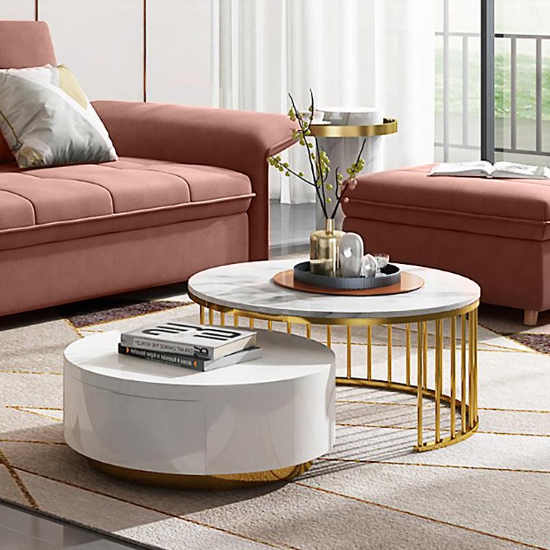 Marble Elegance Round Coffee Table Set - Stainless Steel Frame with Storage